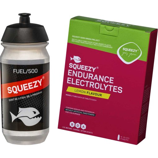 Produktbild von Squeezy Endurance Electrolytes Bundle - Brausetabletten 3x 20 Stk. + Trinkflasche 500ml