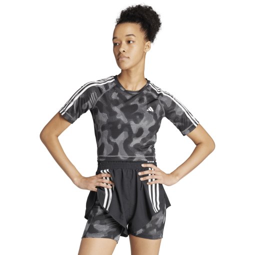 Produktbild von adidas Own the Run 3 Stripes Allover Print T-Shirt Damen - grey four/grey six/carbon/black IK5012