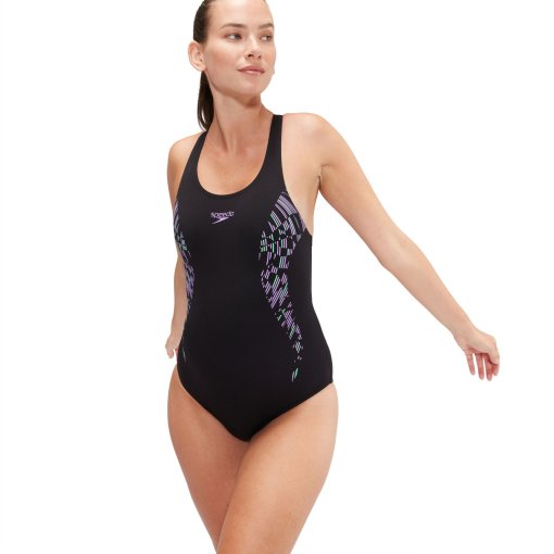 Produktbild von Speedo Placement Muscleback Badeanzug Damen - true navy/sweet purple/harlequin green
