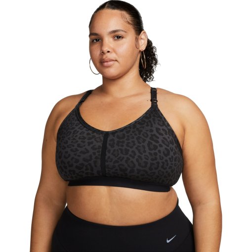 Produktbild von Nike Dri-FIT Indy V-Neck Leopard Print Sport-BH Damen (Plus Size) - dark smoke grey/black/black/black DV9965-070