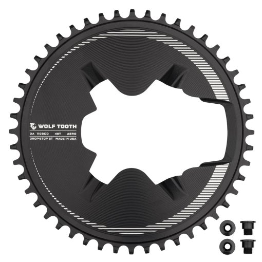 Foto van Wolf Tooth Aero-kettingblad voor Dura Ace R9200 | 110 BCD Asymmetric | 4-Arm | Drop Stop ST - zwart