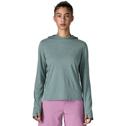 Photo produit de Patagonia Cap Cool Sun T-shirt à capuche et manches longues pour femmes - Nouveau Green - Blue Sage X-Dye