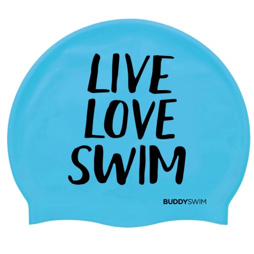 Produktbild von Buddyswim Silikon Badekappe - LIVE LOVE SWIM - blau