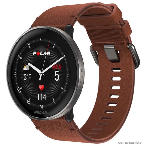 Produktbild von Polar Ignite 3 Titanium GPS Fitnessuhr - Sun-Kissed Bronze (Leder- und Silikonarmband)